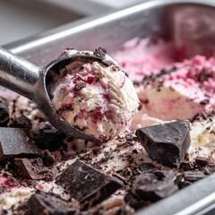 Scoop of raspberry and chocolate ice cream