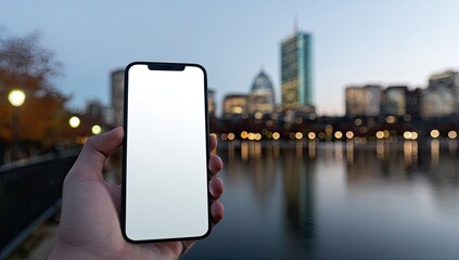 A hand holds a smartphone with a blank screen, outdoors in front of a city skyline at twilight