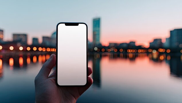 Smartphone held outdoors at sunset over water