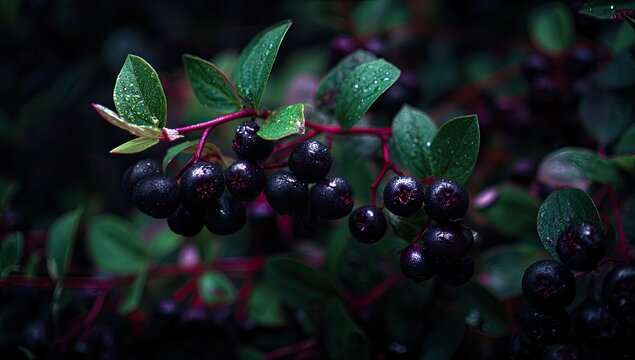 Dark berries and leaves, close-up