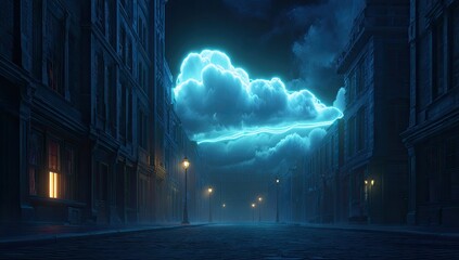 A glowing blue cloud hovers over a cobblestone street at night