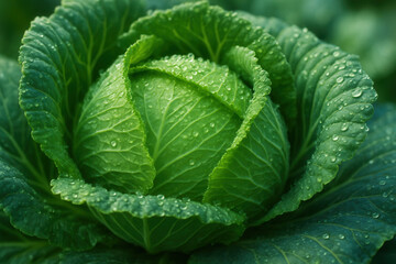 Obraz premium Fresh Dewy Green Cabbage Head in Lush Garden Close-Up