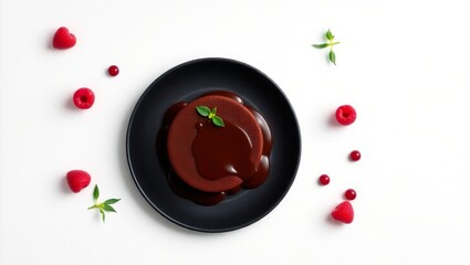 single chocolate lava cake on a matte black ceramic plate