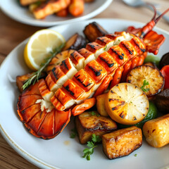 Grilled Lobster Platter: A close-up shot of a gourmet plate, featuring a grilled lobster tail and side dishes. this image is a delicious combination of culinary arts and fresh ingredients.