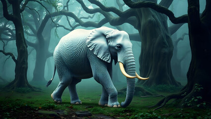 White Elephant in Misty Forest