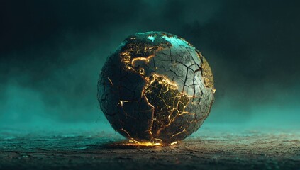 Cracked Earth globe in a dark, ethereal setting