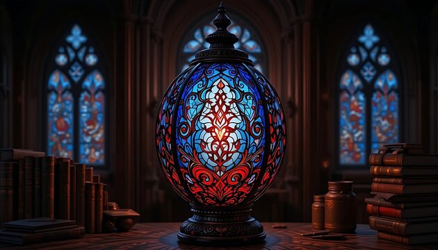A striking close-up of an ornate gothic lantern with circular stained glass panels glowing with vibrant red, blue, and green colors, creating a kaleidoscope effect in a dark environment.
