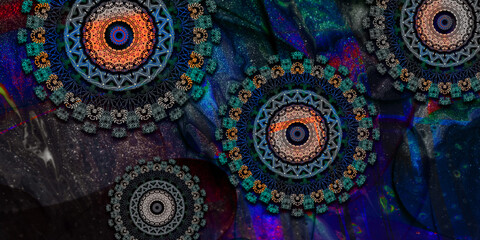 Mystical Mandala Background – Intricate Bohemian Art for Meditation, Tattoo, and Decor, colorful vintage art, ancient Indian vedic background design, old painting texture with  mathematical shapes