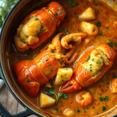 Lobster Stew Delights: A mouthwatering close-up showcases succulent lobster pieces simmering in a rich, flavorful stew, a culinary masterpiece.
