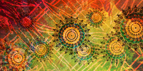 Mystical Mandala Background – Intricate Bohemian Art for Meditation, Tattoo, and Decor, colorful vintage art, ancient Indian vedic background design, old painting texture with  mathematical shapes