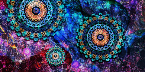 Mystical Mandala Background – Intricate Bohemian Art for Meditation, Tattoo, and Decor, colorful vintage art, ancient Indian vedic background design, old painting texture with  mathematical shapes