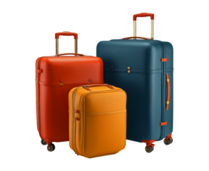 Holiday suitcase, three pieces of luggage in navy, mustard, and orange colors isolated on a transparent background