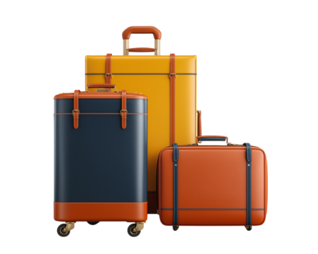 A set of three pieces of luggage in navy, mustard, and orange colors isolated on a transparent background