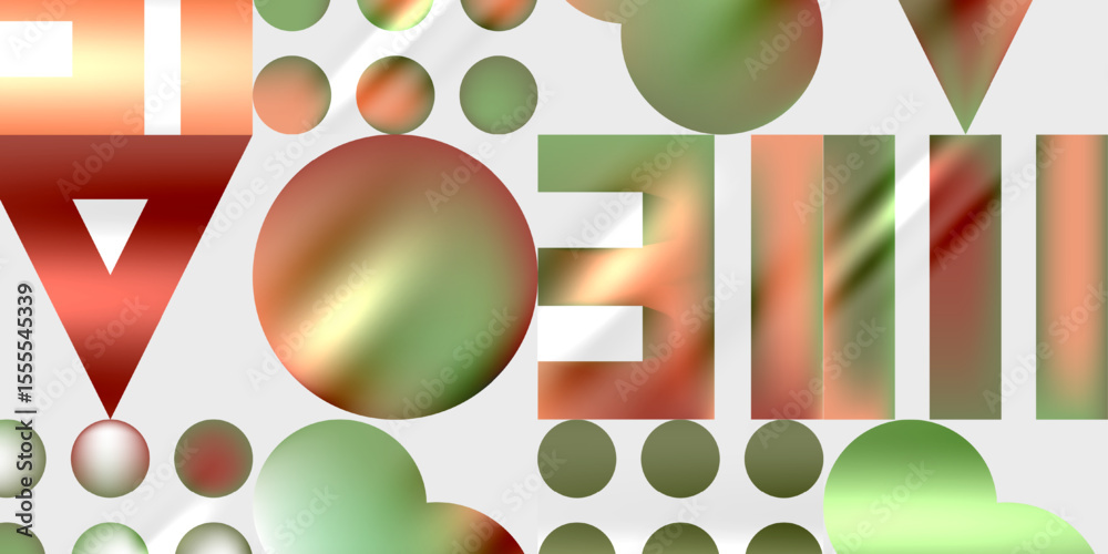 Poster abstract composition. geometric shapes overlap, creating colorful visual effect. red, green, brown t