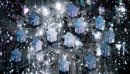 Abstract digital cityscape.  Tiny houses on circuit board
