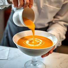 Gourmet Soup Pouring: A close-up shot captures the elegance of culinary art, as creamy, golden soup cascades from a pristine white serving vessel into a matching bowl, held gently in a chef's hands.