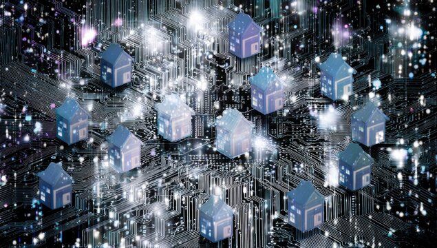 Abstract digital cityscape.  Tiny houses on circuit board