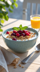 healthy eating breakfast setup with cereal acai toppings and orange juice on white table for nutrition blog post food photography wallpaper background