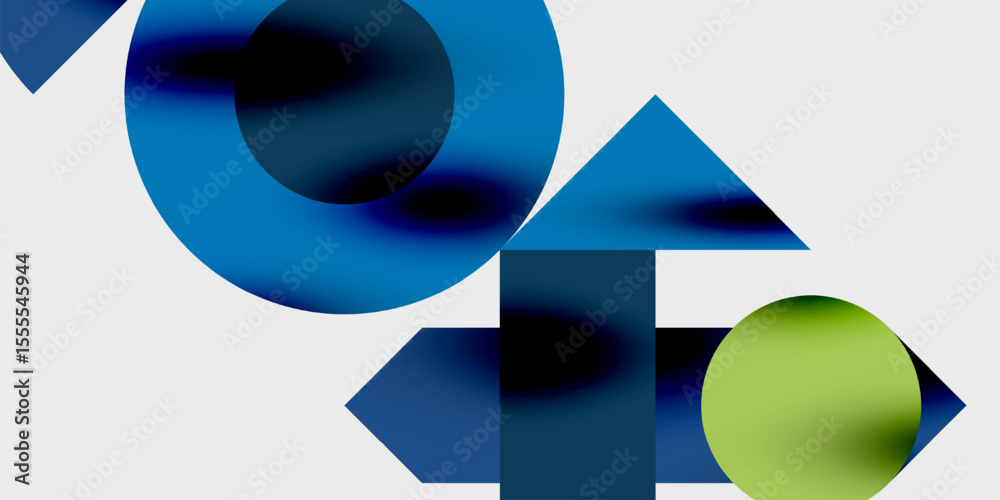 Poster abstract geometric shapes overlap, creating gradients. blue dominates, with green accent. minimalist