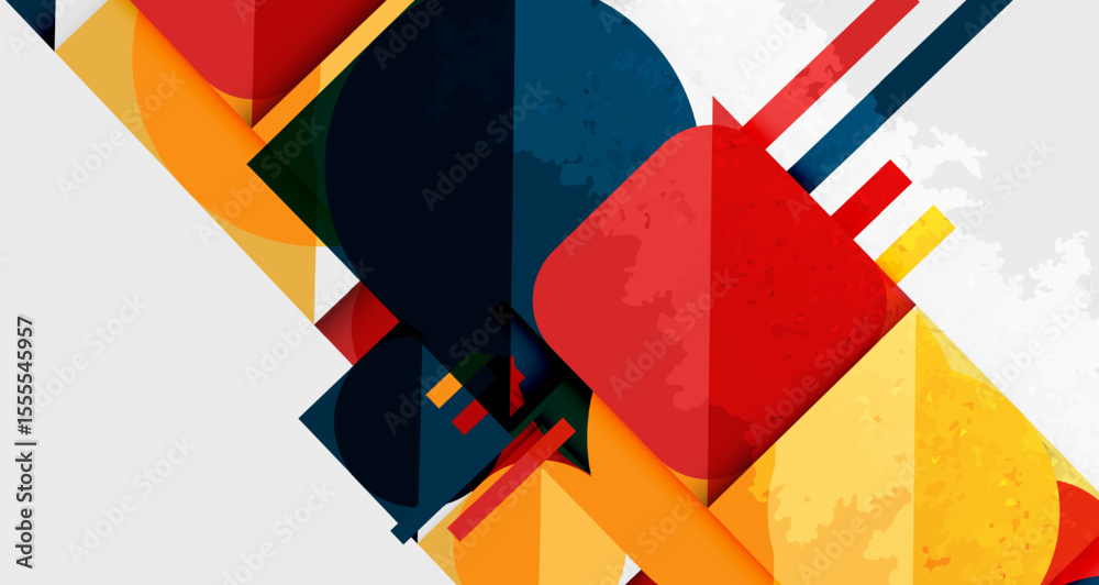Poster Abstract geometric shapes overlap, creating vibrant color blocks. Composition features bold lines, textures, modern design elements.