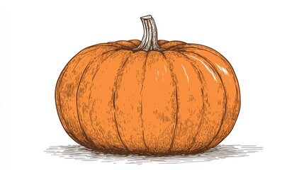 Detailed hand-drawn illustration of a ripe orange pumpkin, showcasing its ribbed texture and slender stem against a white background