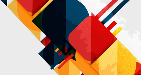 Abstract geometric shapes overlap, creating vibrant color blocks. Composition features bold lines, textures, modern design elements.