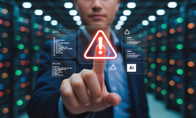 Digital firewall breach alert and warning display system highlighting potential cyber attack threat vector.