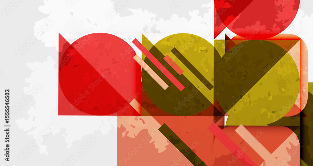 Poster abstract composition. geometric shapes overlap, creating textured visual effect. red, gold, white do