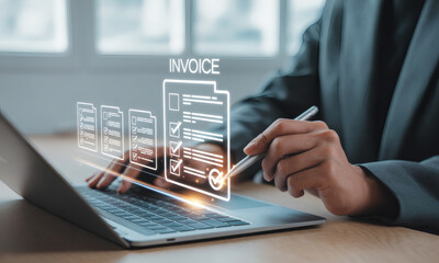Person analyzing data reports and financial graphs on futuristic touchscreen digital display interface.
