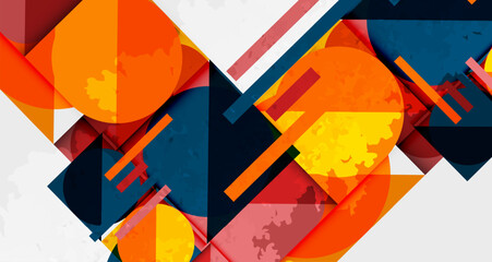 Abstract geometric composition. Overlapping shapes, vibrant colors, dynamic design. Modern art style, bold textures, visual interest.