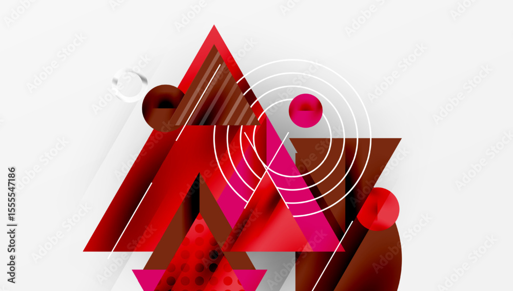 Poster Abstract geometric composition. Red, brown tones dominate. Shapes overlap, creating dynamic visual interest. Minimalist design.