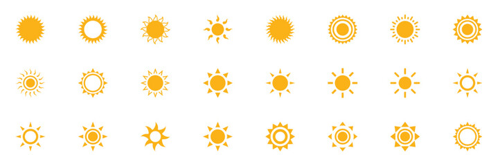 Fototapeta premium Yellow sun icon set with wavy rays isolated on white background. Simple summer weather symbol design. Yellow simple sun, hot summer weather symbol, heatstroke caused by sunlight