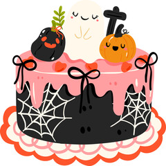 Ghost Pumpkin Spiderweb Cake Illustration, Cute Halloween Clipart with Pink Drip and Black Frosting

