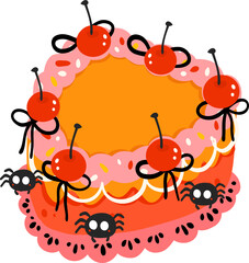 Spider Cherry Halloween Cake Illustration, Cute Creepy Clipart with Spiders, Cherries, and Pink Frosting

