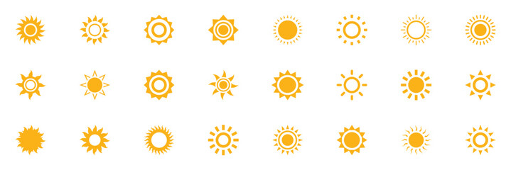 Fototapeta premium Yellow sun icon set with wavy rays isolated on white background. Simple summer weather symbol design. Yellow simple sun, hot summer weather symbol, heatstroke caused by sunlight