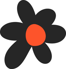 Black Flower with Orange Center Illustration, Cute Halloween Clipart with Groovy Bold Style

