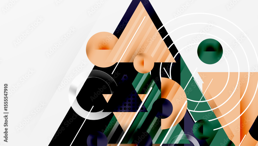 Poster Abstract geometric composition. Shapes overlap, creating dynamic visual interest. Colors include orange, green, black, white. Modern design.