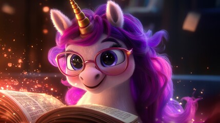 Adorable cartoon unicorn wearing glasses reads an enchanting book, magical sparks surround it.
