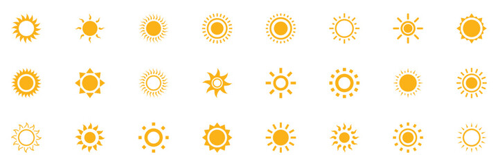 Sun icons vector illustration set. Sun icon set. Yellow sun icons vector. Sun set icon collection. Yellow sun star icons. Solar energy concept. Vector illustration. EPS 10