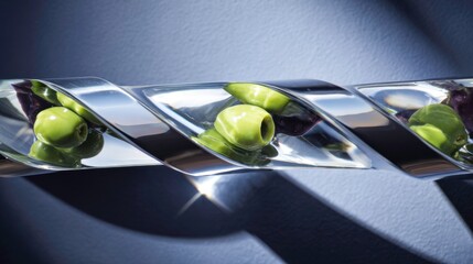 Elegant and Pristine Close-Up of Crystal Clear Vodka with Swirling Olives in Stylish Modern Glassware on Refined Background