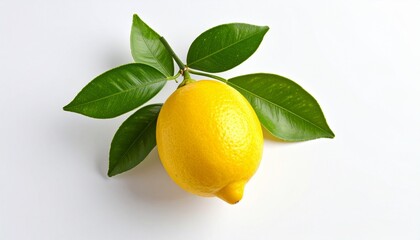 A lemon with leaves on a white background.