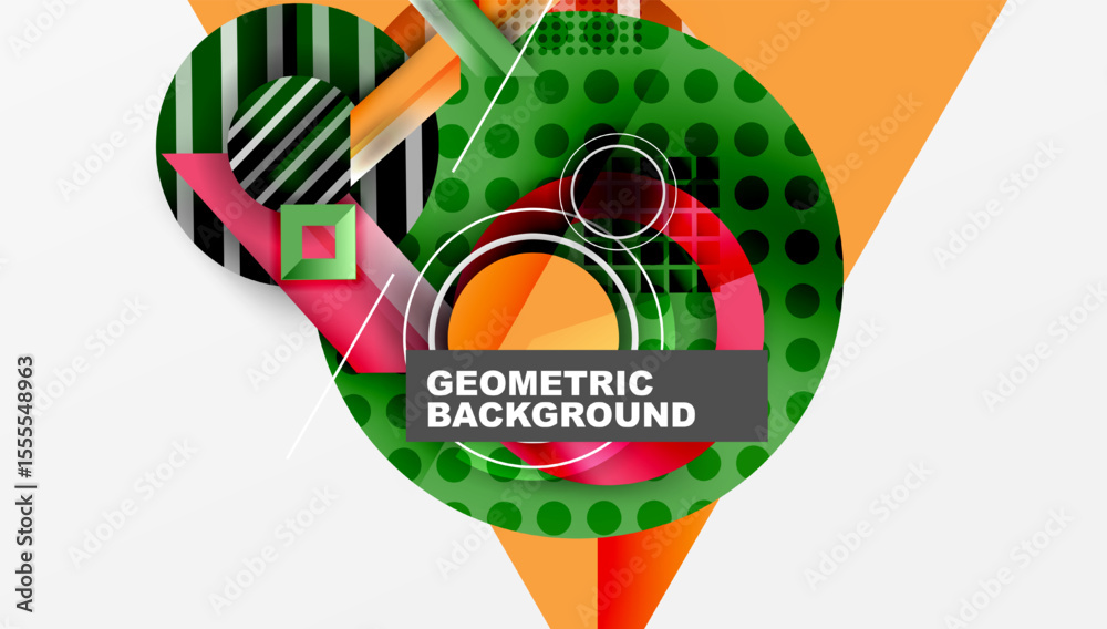 Poster abstract geometric design. overlapping shapes create vibrant, modern composition. green, orange, red