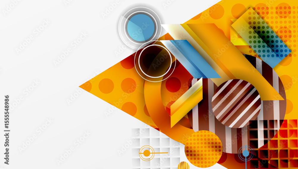Poster Abstract geometric composition. Orange, red, blue shapes overlap. Modern design with halftone patterns, circles, squares. Bright, dynamic visual.