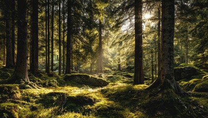Obraz premium Sunlight streams through a dense forest