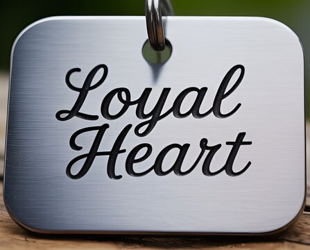 A close up of a silver metal tag with the words loyal heart engraved in a cursive font design style
