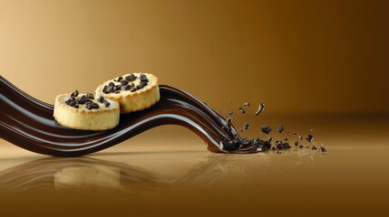 Artful Swirls of Rich Dark Chocolate Fudge Sauce with Cookie Garnishes on a Glossy Surface