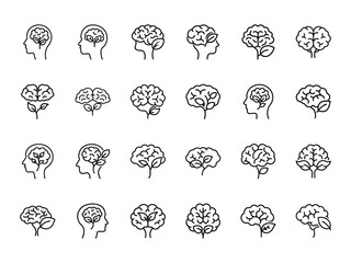 Minimalist Brain and Leaf Icon Set &ndash; Hand-Drawn Line Art Illustrations Representing Mental Growth, Mindfulness, Sustainability, and Natural Intelligence Concepts