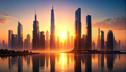 Obraz premium Sunrise cityscape reflecting on water