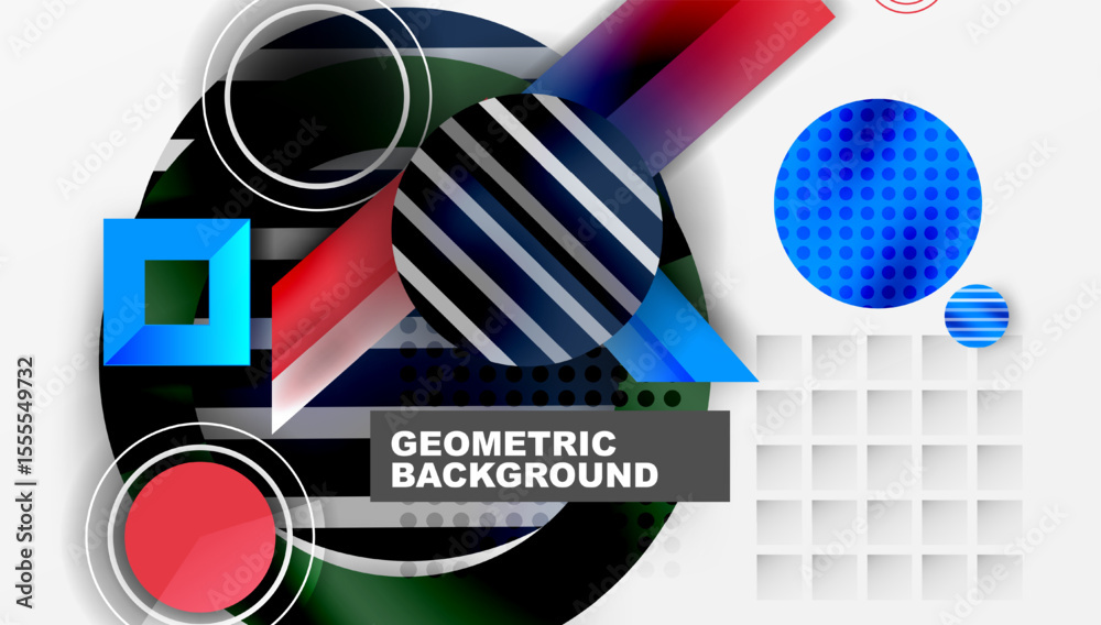 Aufkleber Abstract geometric composition. Overlapping shapes, vibrant colors, modern design. Circles, squares, lines create dynamic visual effect.