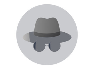 Stylized incognito icon with a fedora and dark glasses, representing privacy, anonymity, secret mode, and hidden identity.